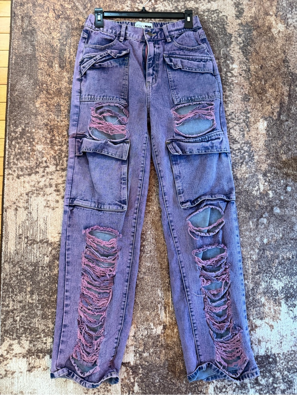Fashion Nova Purple Distressed Boyfriend Cargo Jeans #0143